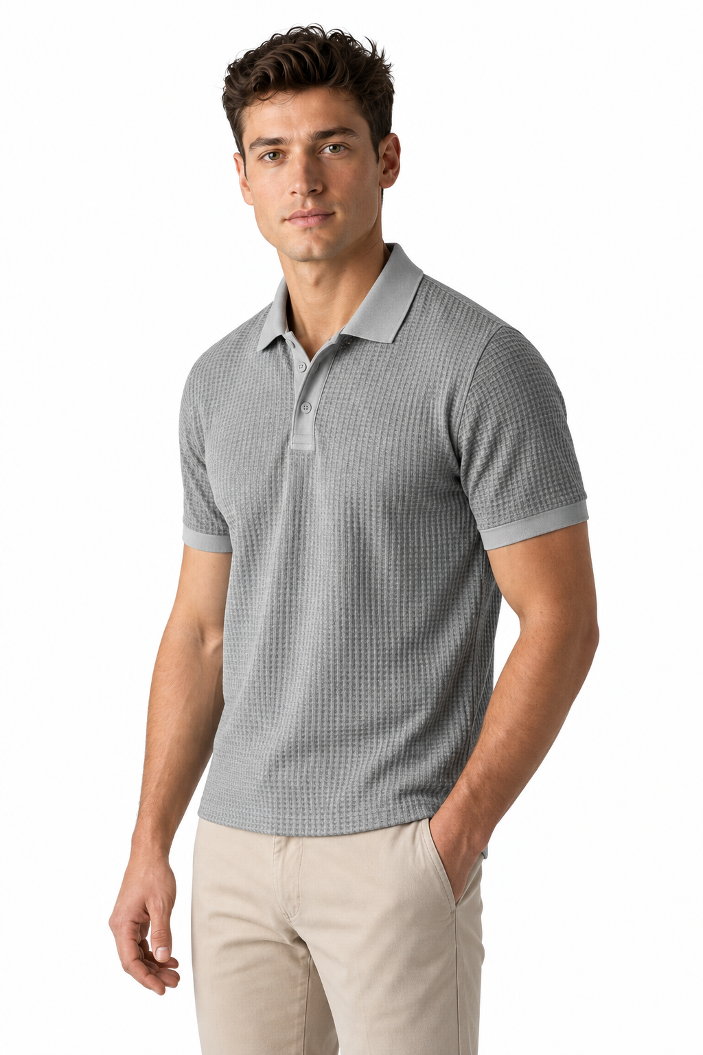 Ventorino Men's Polo Shirt Waffle Texture Breathable Knit | Ventorino in Gray — model three-quarter view