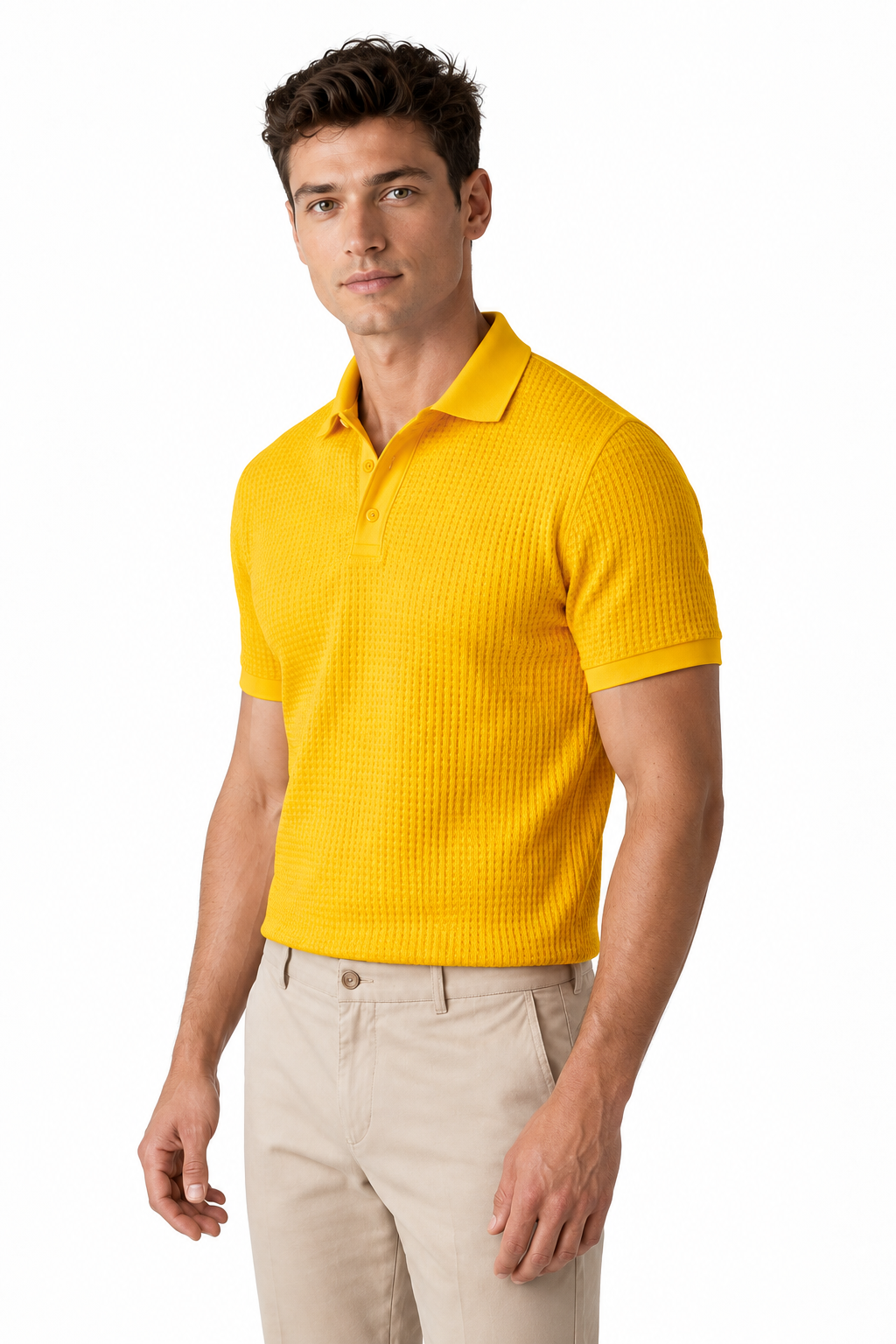 Ventorino Men's Polo Shirt Waffle Texture Breathable Knit | Ventorino in Yellow — model three-quarter view