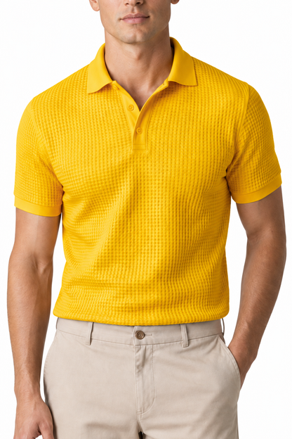 Ventorino Men's Polo Shirt Waffle Texture Breathable Knit | Ventorino in Yellow — garment and fabric detail