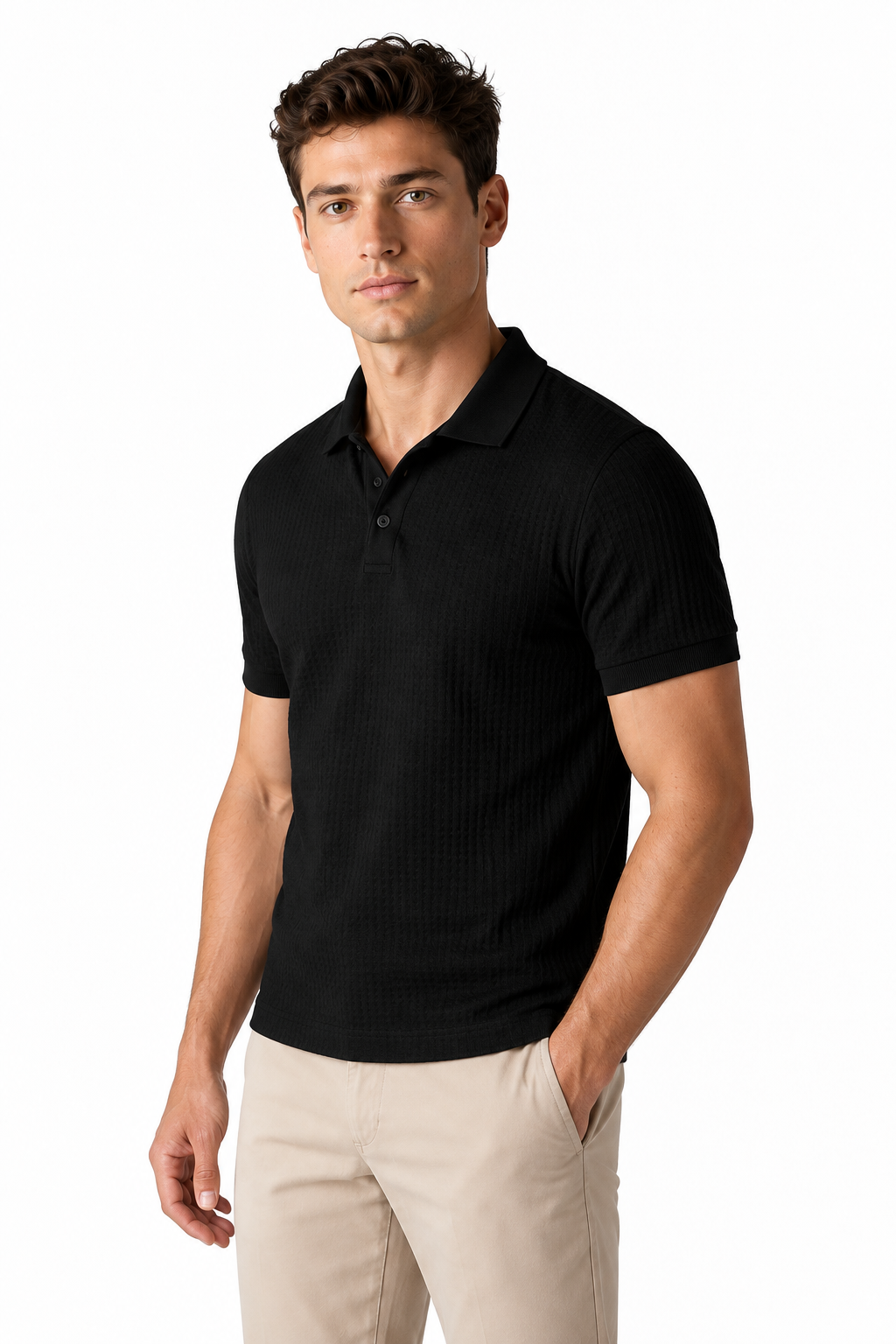 Ventorino Men's Polo Shirt Waffle Texture Breathable Knit | Ventorino in Black — model three-quarter view