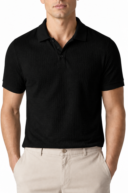 Ventorino Men's Polo Shirt Waffle Texture Breathable Knit | Ventorino in Black — garment and fabric detail