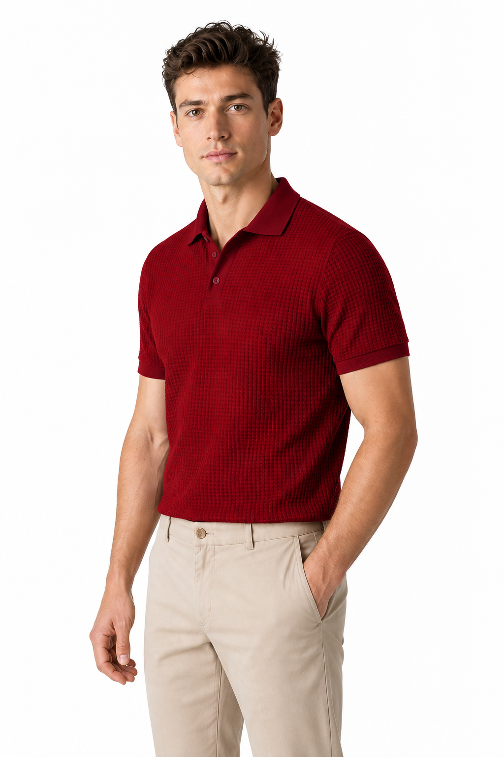 Ventorino Men's Polo Shirt Waffle Texture Breathable Knit | Ventorino in Red — model three-quarter view