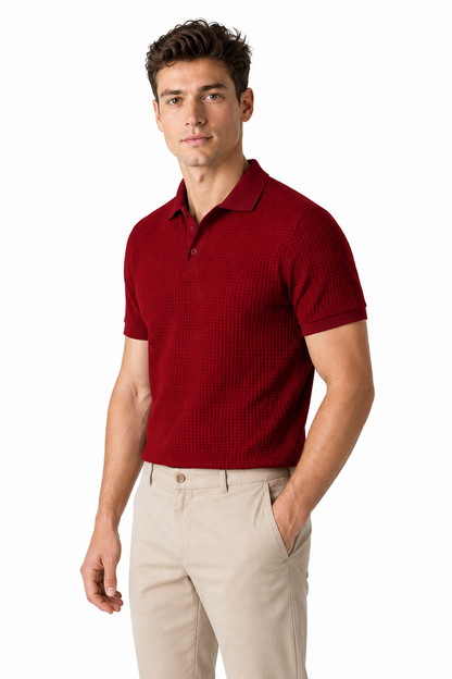 Ventorino Men's Polo Shirt Waffle Texture Breathable Knit | Ventorino in Red — model three-quarter view
