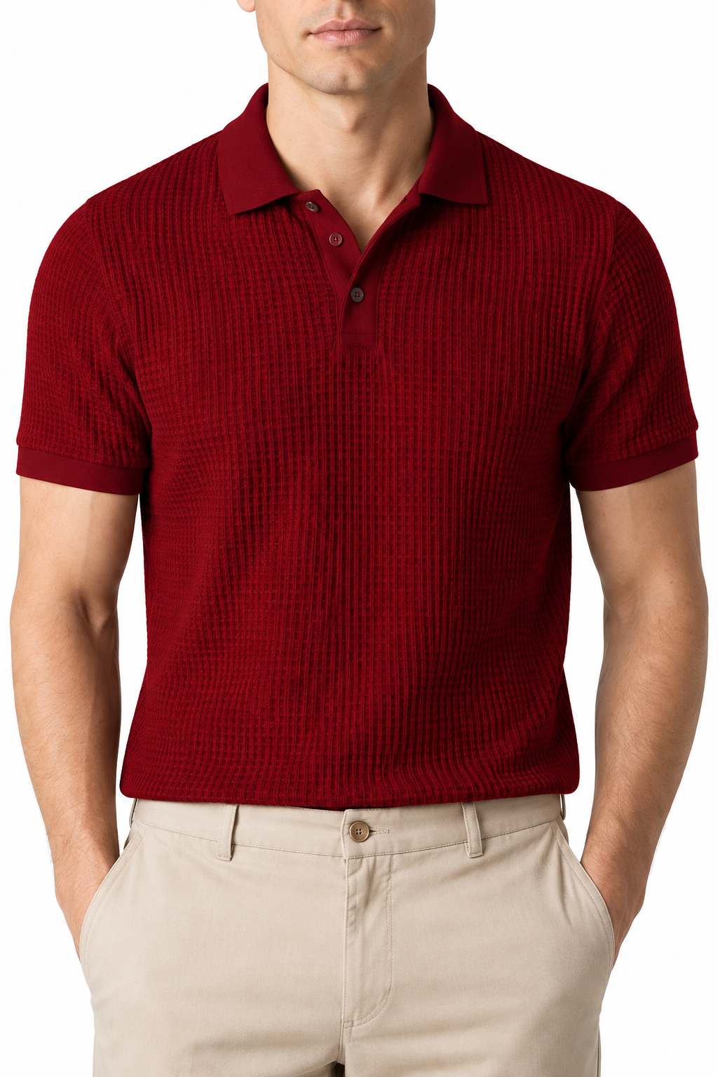 Ventorino Men's Polo Shirt Waffle Texture Breathable Knit | Ventorino in Red — garment and fabric detail