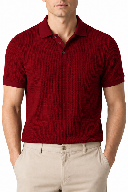 Ventorino Men's Polo Shirt Waffle Texture Breathable Knit | Ventorino in Red — garment and fabric detail