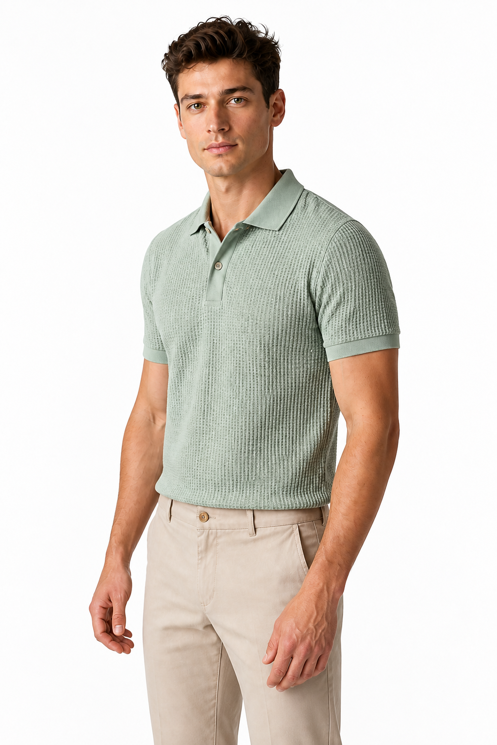 Ventorino Men's Polo Shirt Waffle Texture Breathable Knit | Ventorino in Green — model three-quarter view