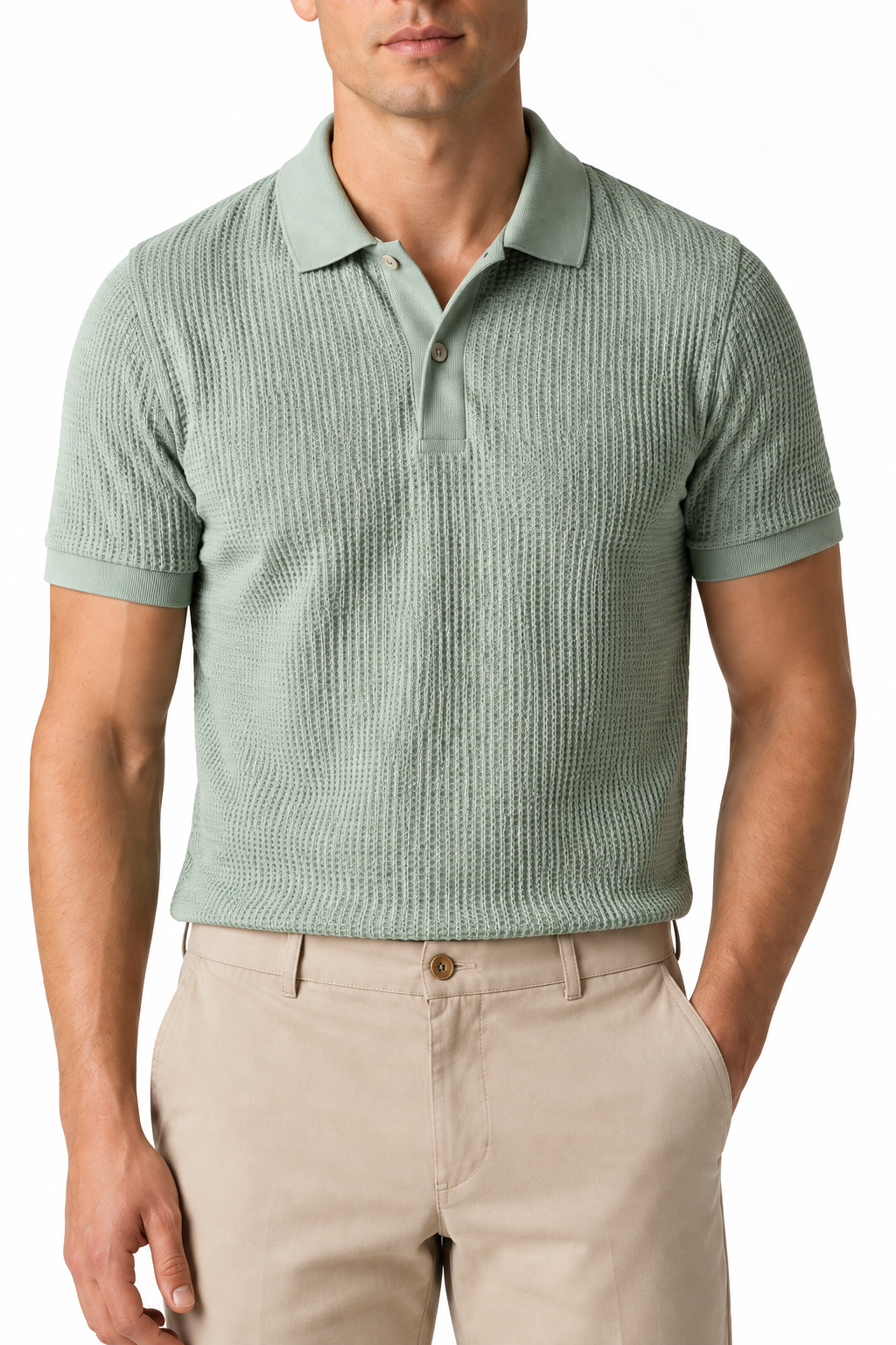 Ventorino Men's Polo Shirt Waffle Texture Breathable Knit | Ventorino in Green — garment and fabric detail