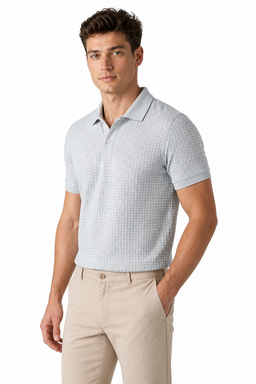 Ventorino Men's Polo Shirt Waffle Texture Breathable Knit | Ventorino in Light Gray — model three-quarter view