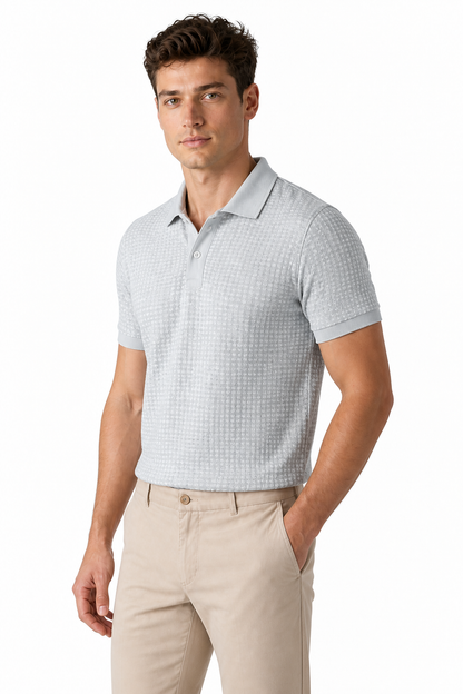 Ventorino Men's Polo Shirt Waffle Texture Breathable Knit | Ventorino in Light Gray — model three-quarter view