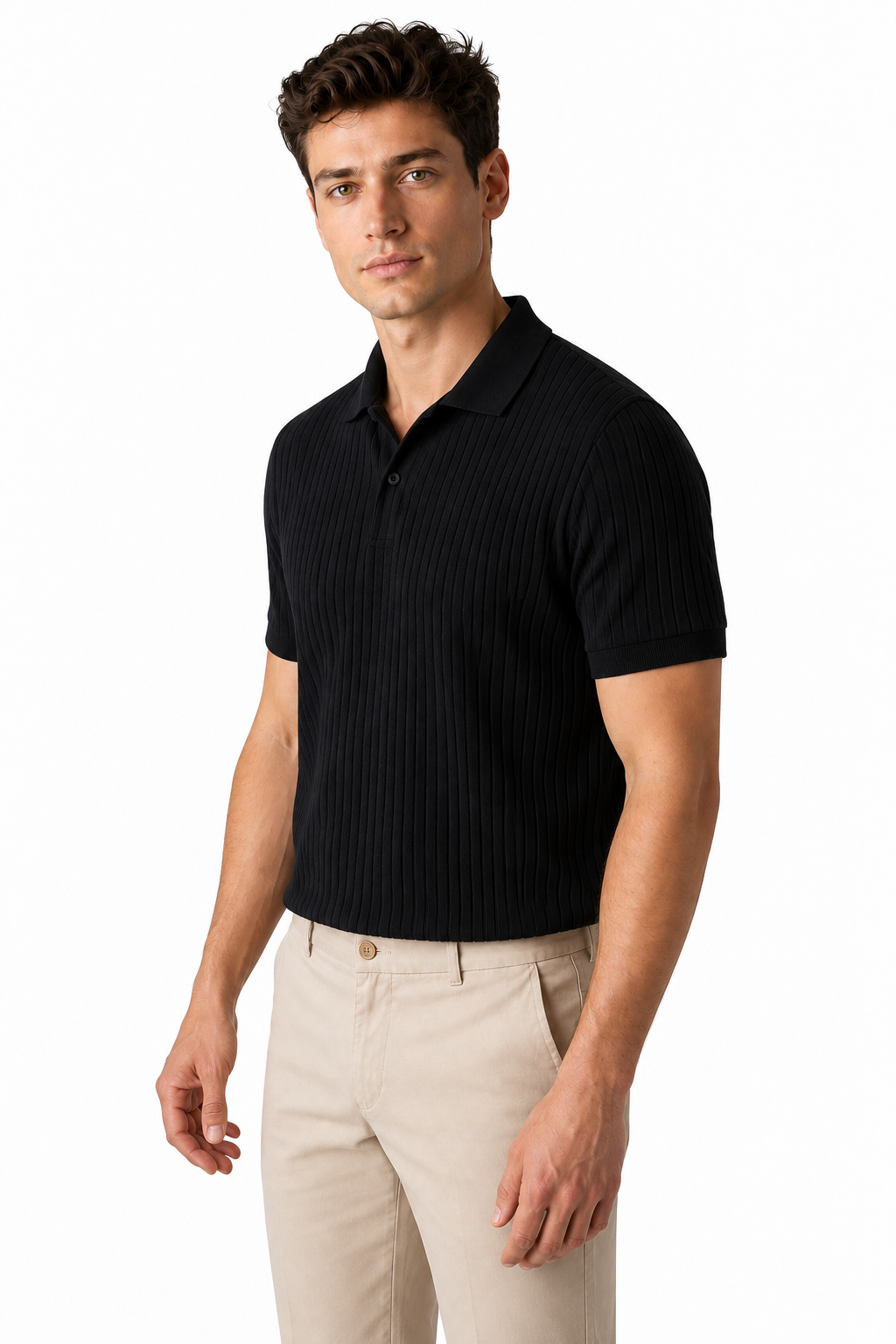 Ventorino Men's Polo Shirt Textured Knit Relaxed Fit | Ventorino in Black — model three-quarter view