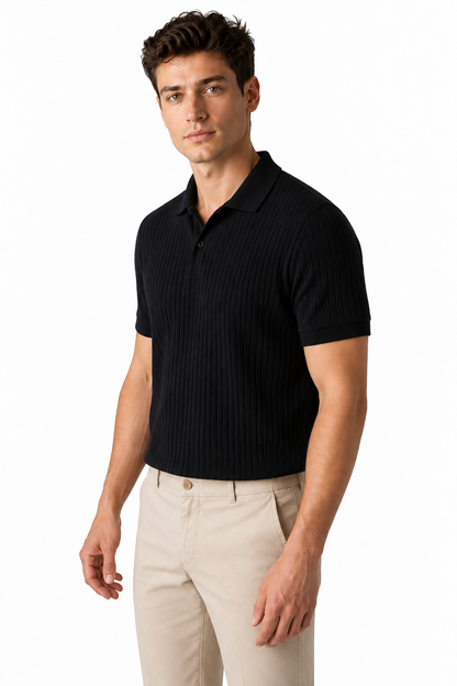 Ventorino Men's Polo Shirt Textured Knit Relaxed Fit | Ventorino in Black — model three-quarter view