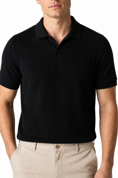 Ventorino Men's Polo Shirt Textured Knit Relaxed Fit | Ventorino in Black — garment and fabric detail