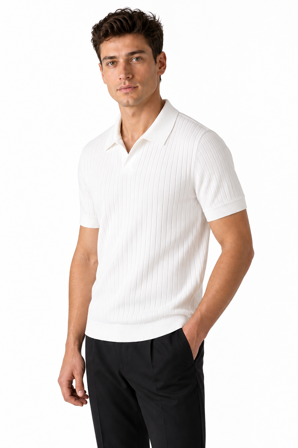 Ventorino Men's Polo Shirt Textured Knit Relaxed Fit | Ventorino in White — model three-quarter view