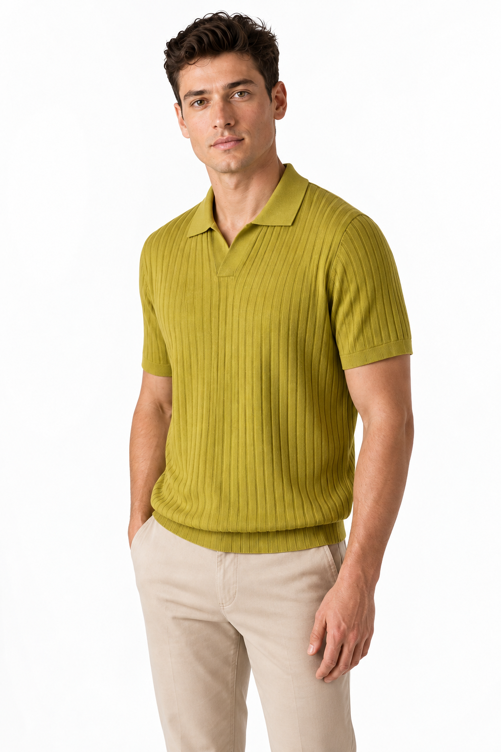 Ventorino Men's Polo Shirt Textured Knit Relaxed Fit | Ventorino in Yellow — model three-quarter view