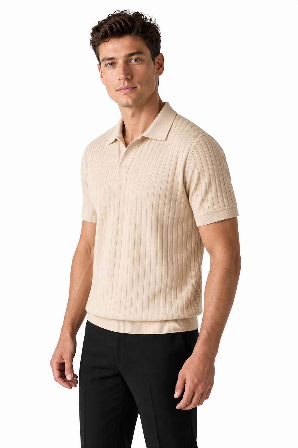 Ventorino Men's Polo Shirt Textured Knit Relaxed Fit | Ventorino in Apricot — model three-quarter view