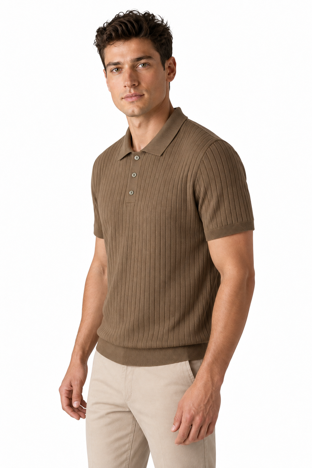 Ventorino Men's Polo Shirt Textured Knit Relaxed Fit | Ventorino in Coffee — model three-quarter view