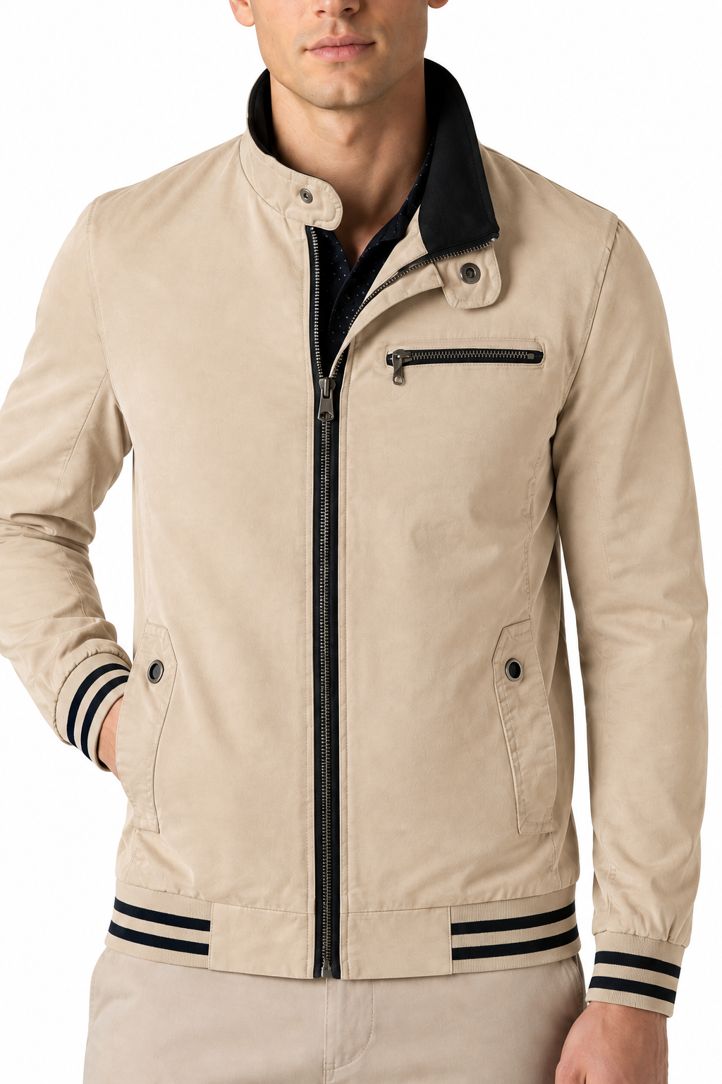 Ventorino Men's Jacket Contrast Trim Classic Fit | Ventorino in Beige — garment and fabric detail