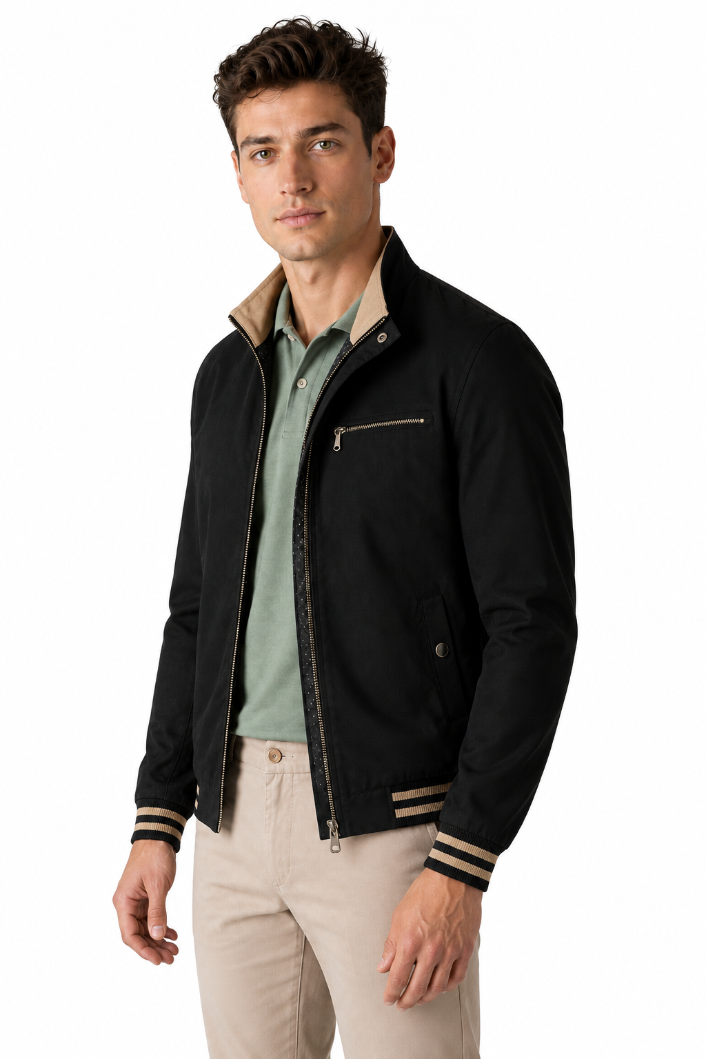 Ventorino Men's Jacket Contrast Trim Classic Fit | Ventorino in Black — model three-quarter view