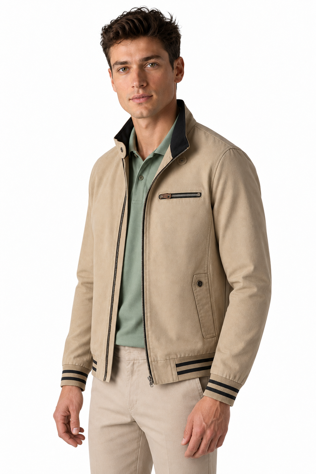 Ventorino Men's Jacket Contrast Trim Classic Fit | Ventorino in Khaki — model three-quarter view