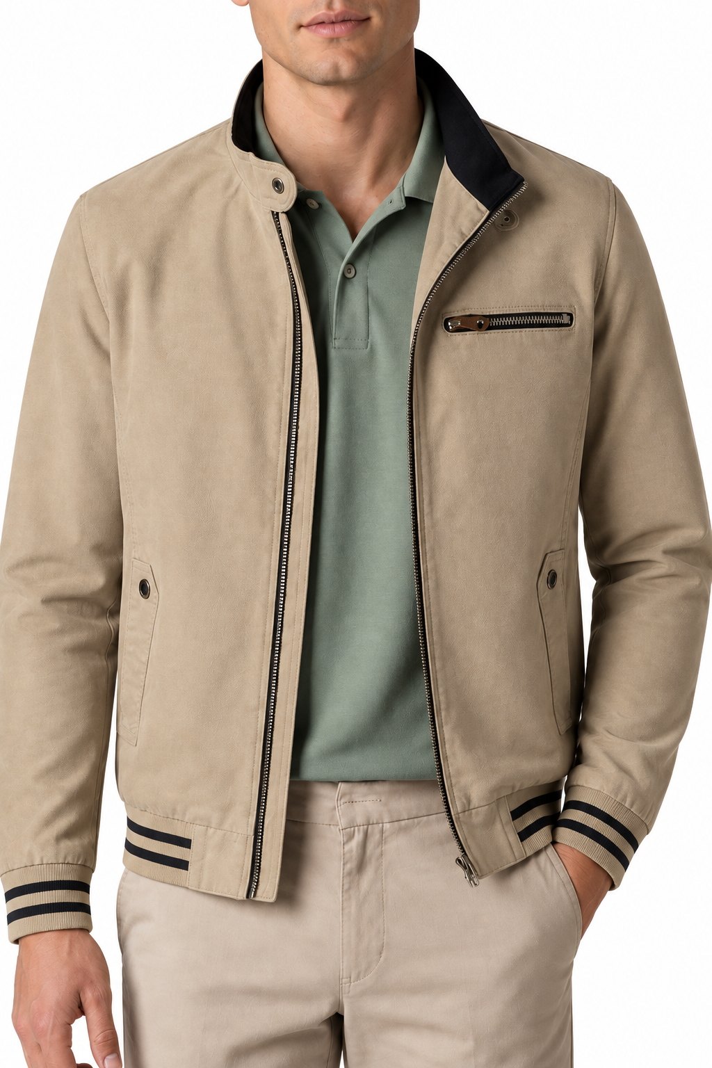 Ventorino Men's Jacket Contrast Trim Classic Fit | Ventorino in Khaki — garment and fabric detail