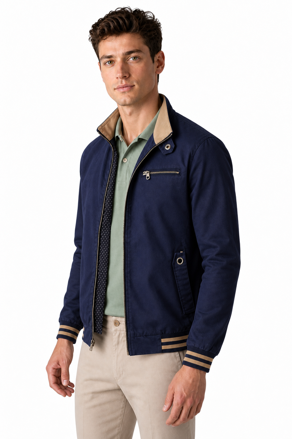 Ventorino Men's Jacket Contrast Trim Classic Fit | Ventorino in Navy Blue — model three-quarter view