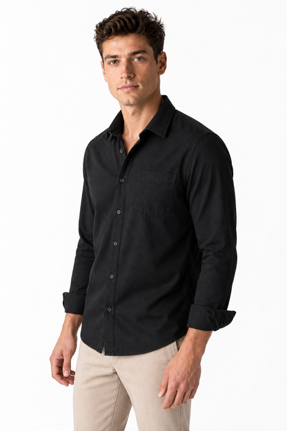 Ventorino Men's Open-Collar Shirt Versatile Fit Lightweight Feel | Ventorino in Black Twill — model three-quarter view