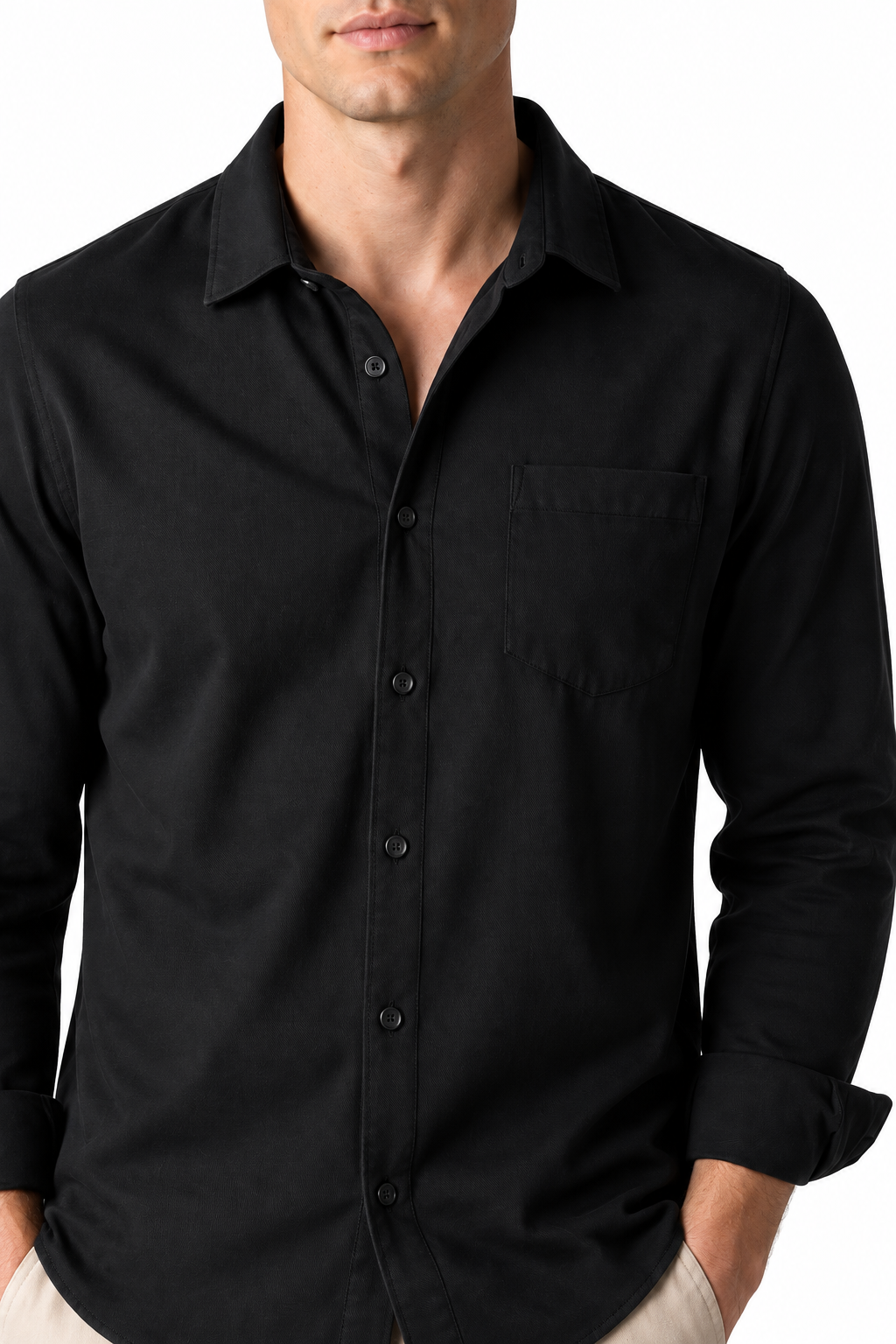 Ventorino Men's Open-Collar Shirt Versatile Fit Lightweight Feel | Ventorino in Black Twill — garment and fabric detail