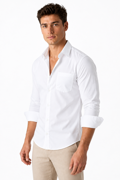 Ventorino Men's Open-Collar Shirt Versatile Fit Lightweight Feel | Ventorino in White Twill — model three-quarter view
