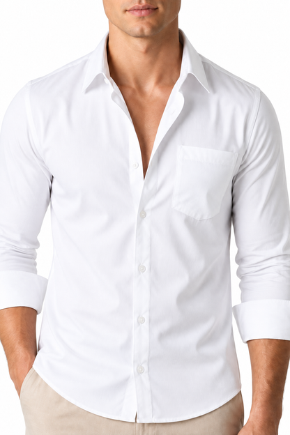 Ventorino Men's Open-Collar Shirt Versatile Fit Lightweight Feel | Ventorino in White Twill — garment and fabric detail