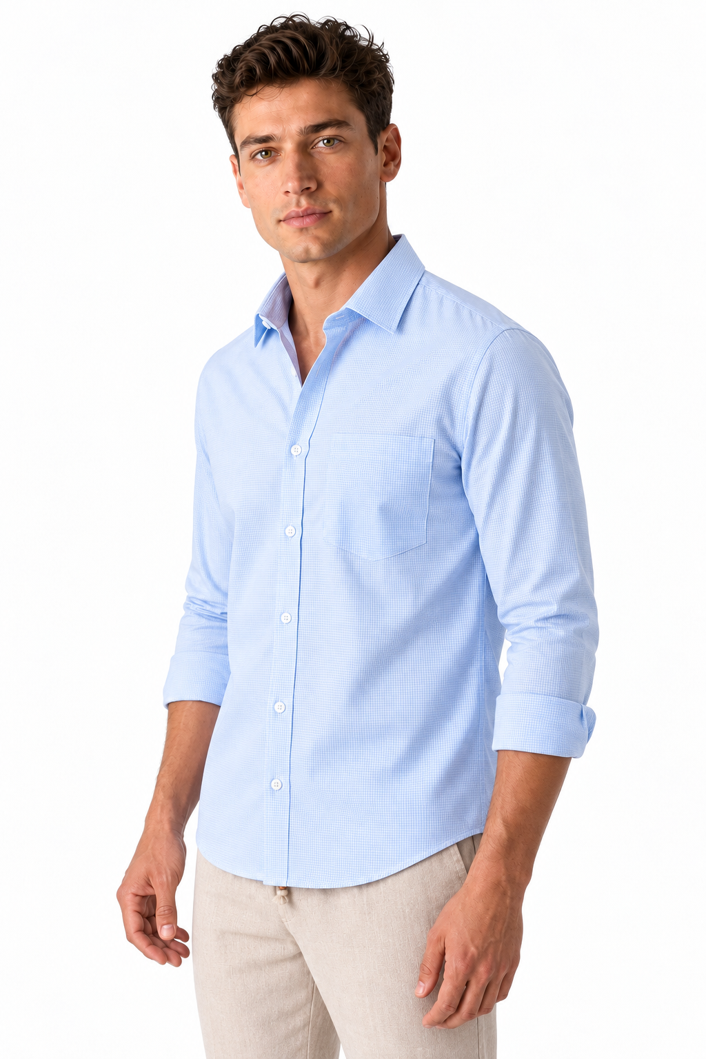 Ventorino Men's Open-Collar Shirt Versatile Fit Lightweight Feel | Ventorino in Light Blue Check — model three-quarter view