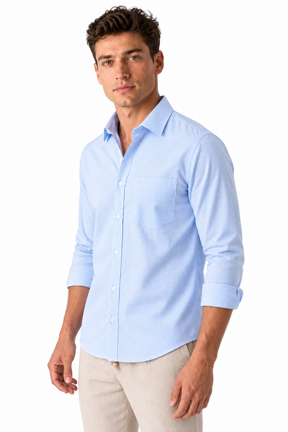 Ventorino Men's Open-Collar Shirt Versatile Fit Lightweight Feel | Ventorino in Light Blue Check — model three-quarter view