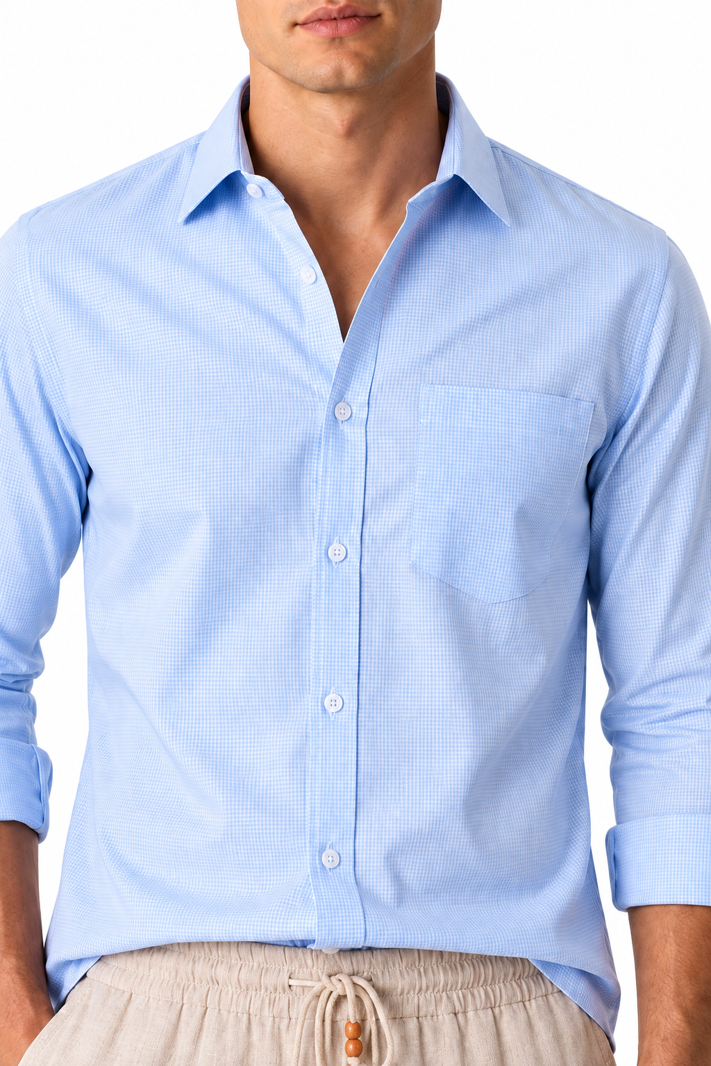 Ventorino Men's Open-Collar Shirt Versatile Fit Lightweight Feel | Ventorino in Light Blue Check — garment and fabric detail