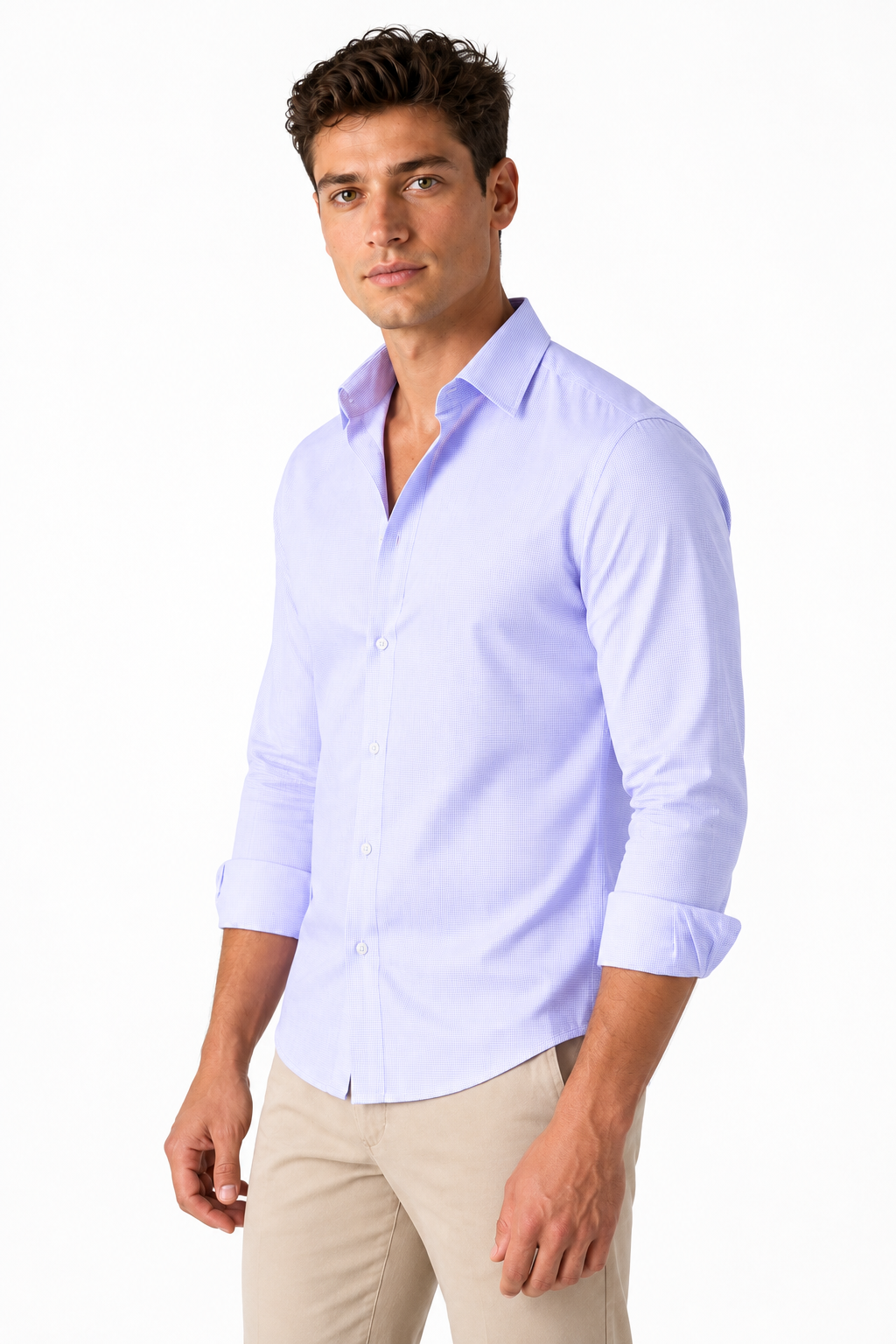 Ventorino Men's Open-Collar Shirt Versatile Fit Lightweight Feel | Ventorino in Light Purple Check — model three-quarter view