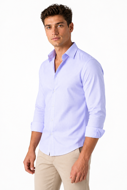 Ventorino Men's Open-Collar Shirt Versatile Fit Lightweight Feel | Ventorino in Light Purple Check — model three-quarter view