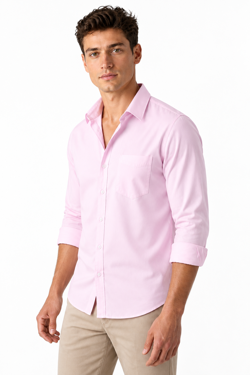 Ventorino Men's Open-Collar Shirt Versatile Fit Lightweight Feel | Ventorino in Pink Twill — model three-quarter view