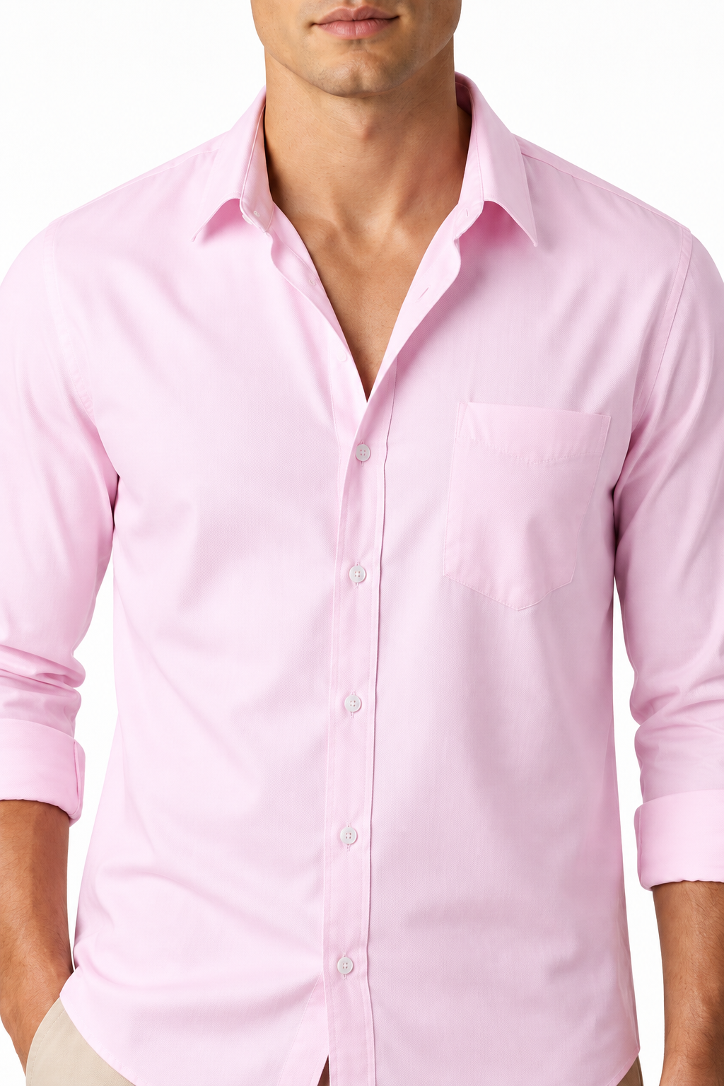 Ventorino Men's Open-Collar Shirt Versatile Fit Lightweight Feel | Ventorino in Pink Twill — garment and fabric detail