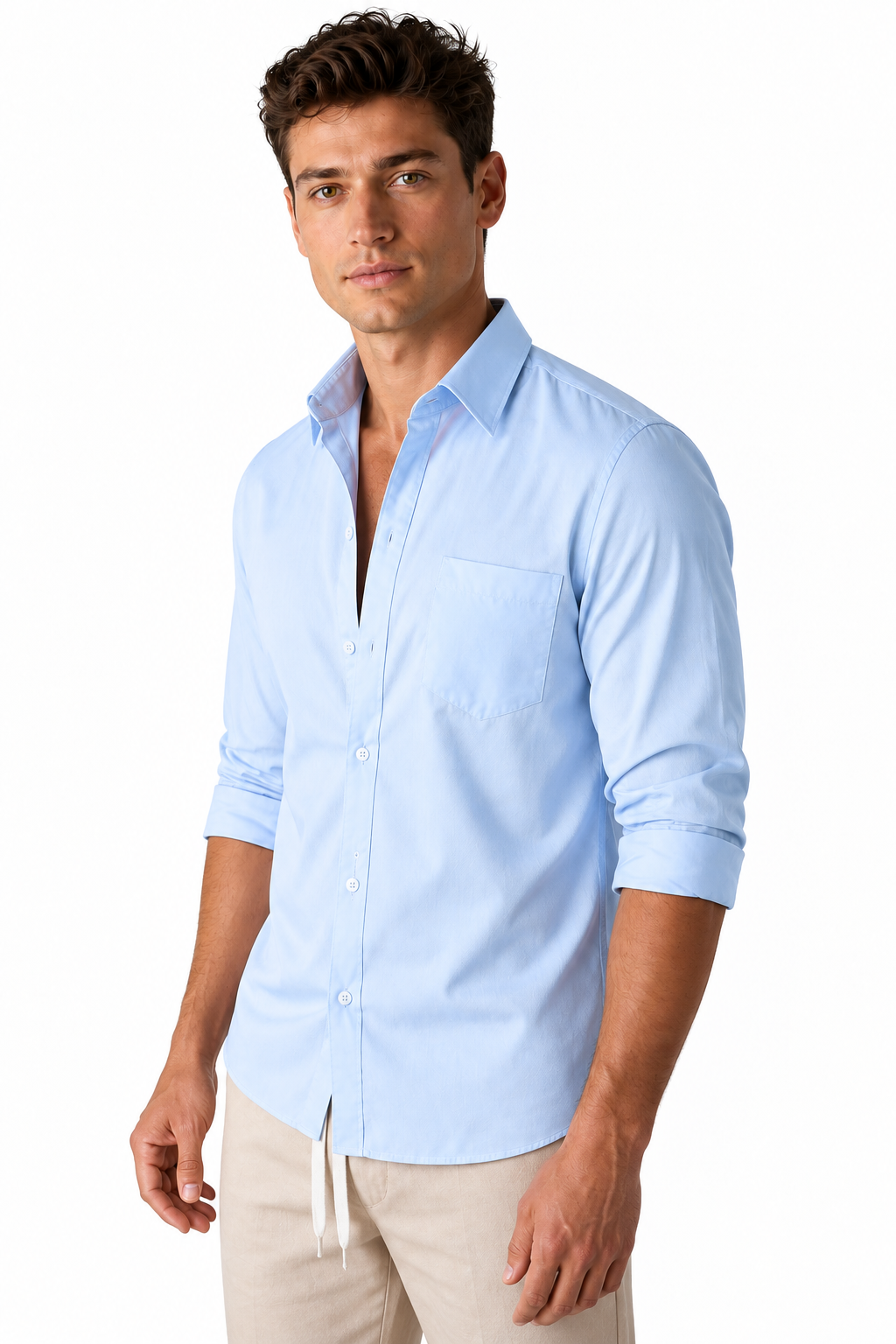 Ventorino Men's Open-Collar Shirt Versatile Fit Lightweight Feel | Ventorino in Blue Twill — model three-quarter view