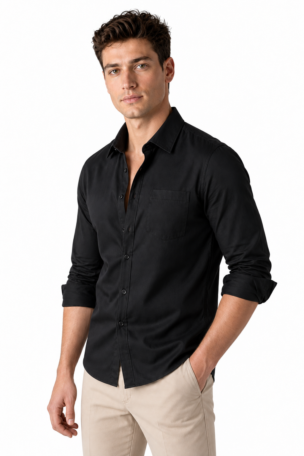 Ventorino Men's Open-Collar Shirt Versatile Fit Lightweight Feel | Ventorino in Black — model three-quarter view