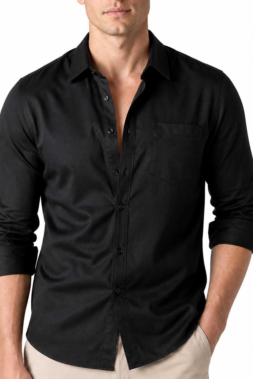 Ventorino Men's Open-Collar Shirt Versatile Fit Lightweight Feel | Ventorino in Black — garment and fabric detail