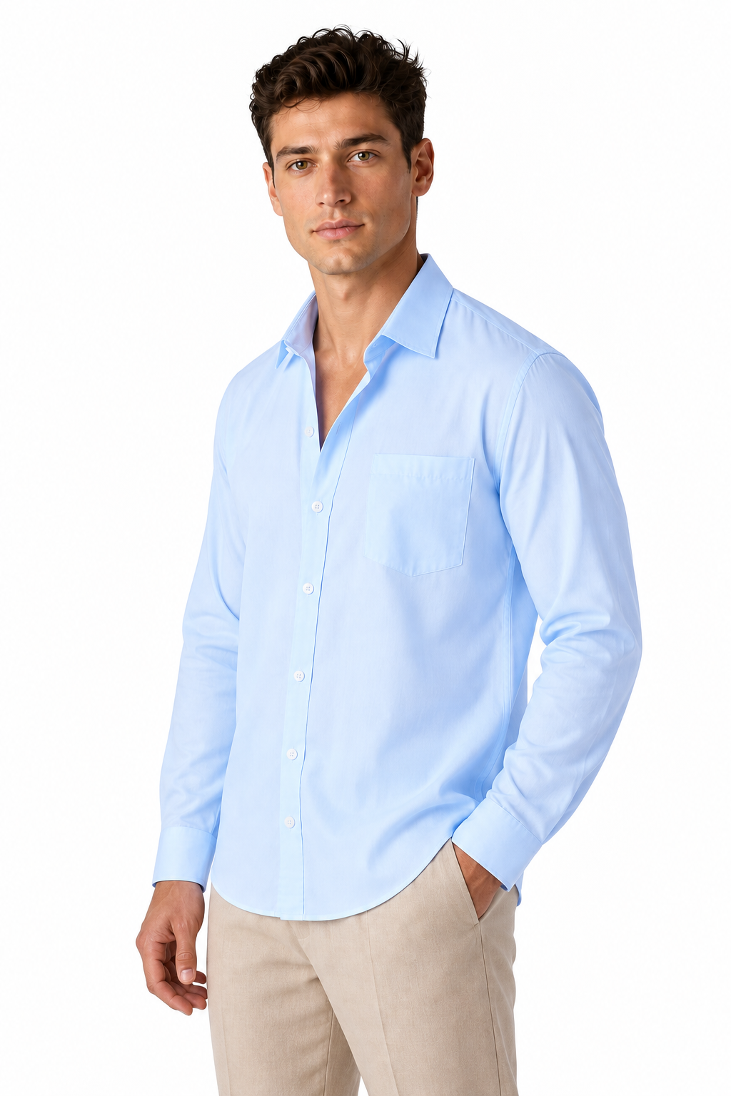 Ventorino Men's Open-Collar Shirt Versatile Fit Lightweight Feel | Ventorino in Light Blue — model three-quarter view