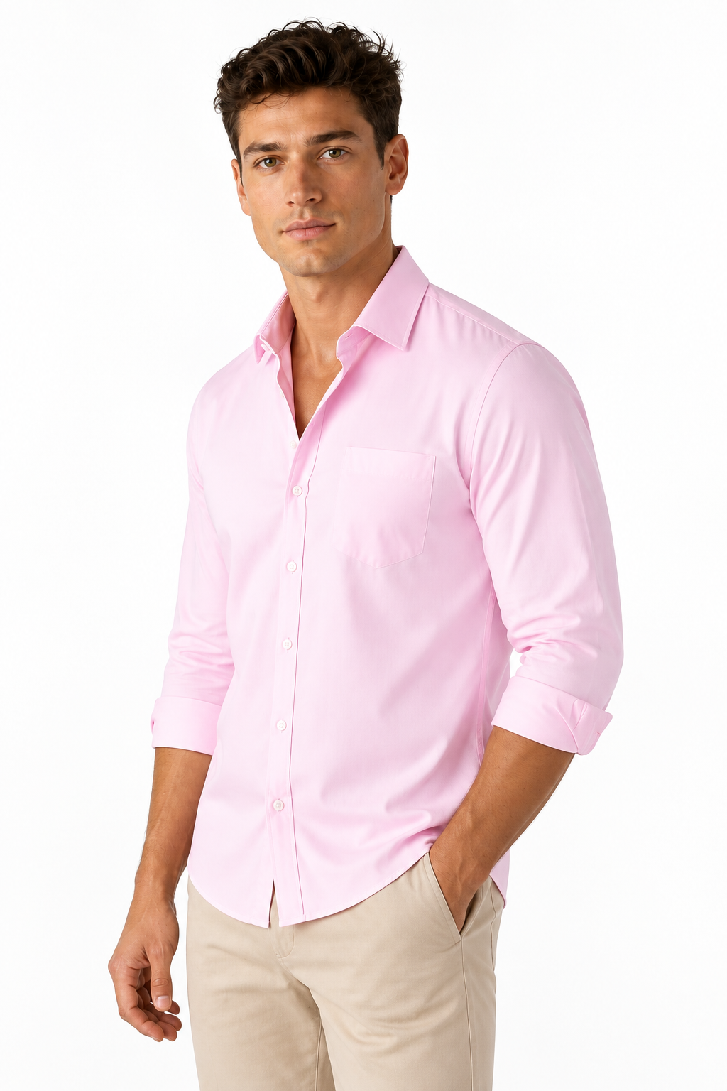 Ventorino Men's Open-Collar Shirt Versatile Fit Lightweight Feel | Ventorino in Light Pink — model three-quarter view