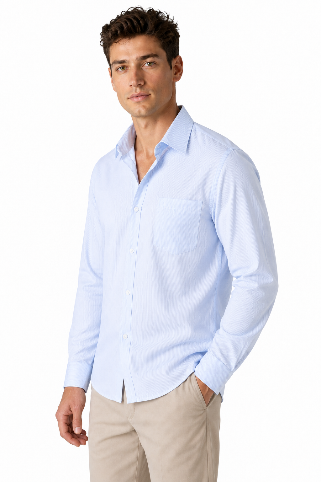 Ventorino Men's Open-Collar Shirt Versatile Fit Lightweight Feel | Ventorino in Blue Stripe — model three-quarter view