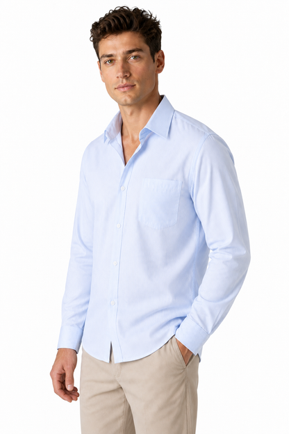 Ventorino Men's Open-Collar Shirt Versatile Fit Lightweight Feel | Ventorino in Blue Stripe — model three-quarter view