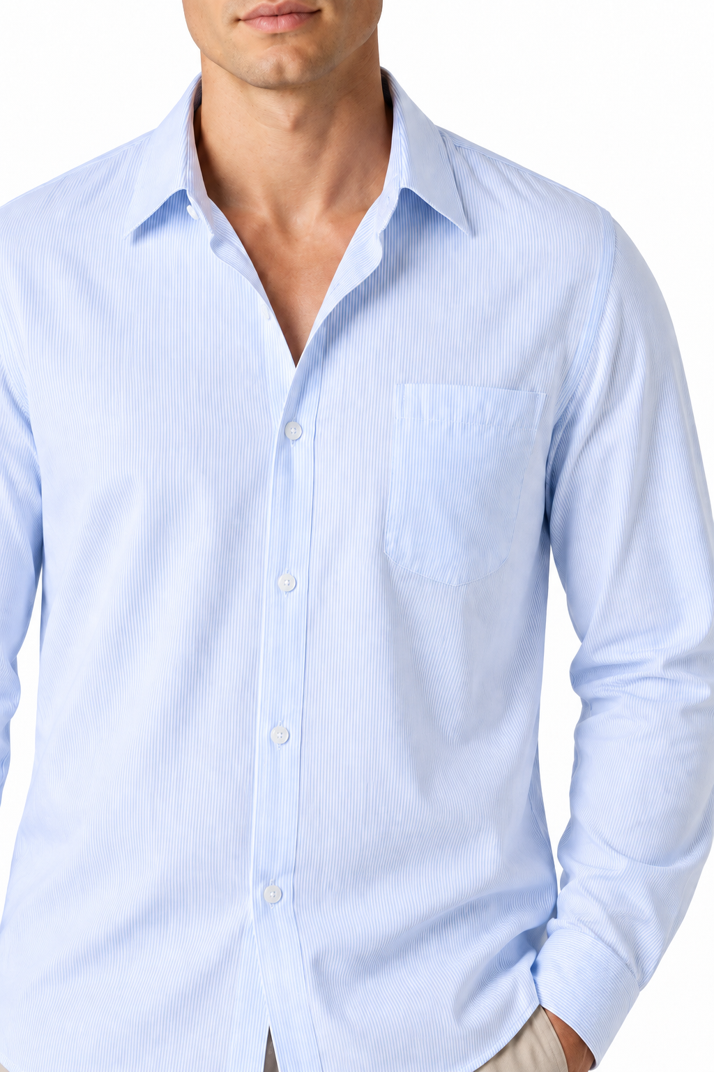 Ventorino Men's Open-Collar Shirt Versatile Fit Lightweight Feel | Ventorino in Blue Stripe — garment and fabric detail