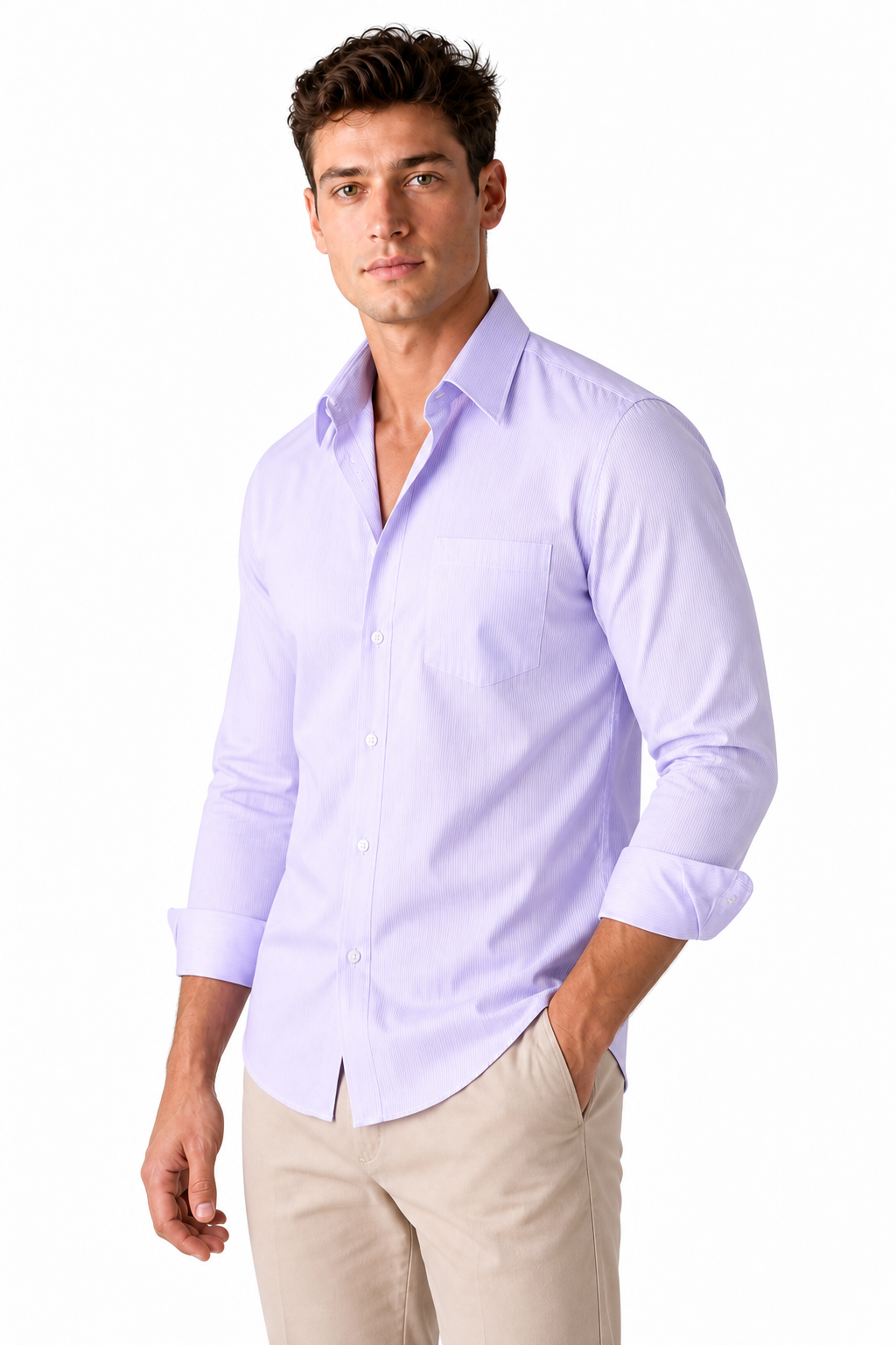 Ventorino Men's Open-Collar Shirt Versatile Fit Lightweight Feel | Ventorino in Purple Stripe — model three-quarter view