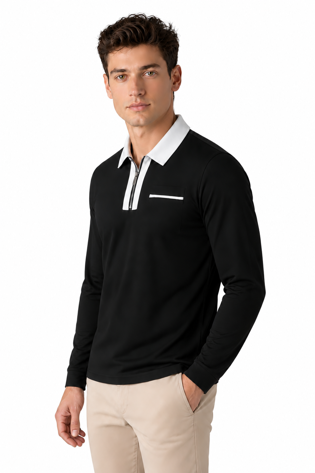Ventorino full-zip contrast polo in black with gray — model view