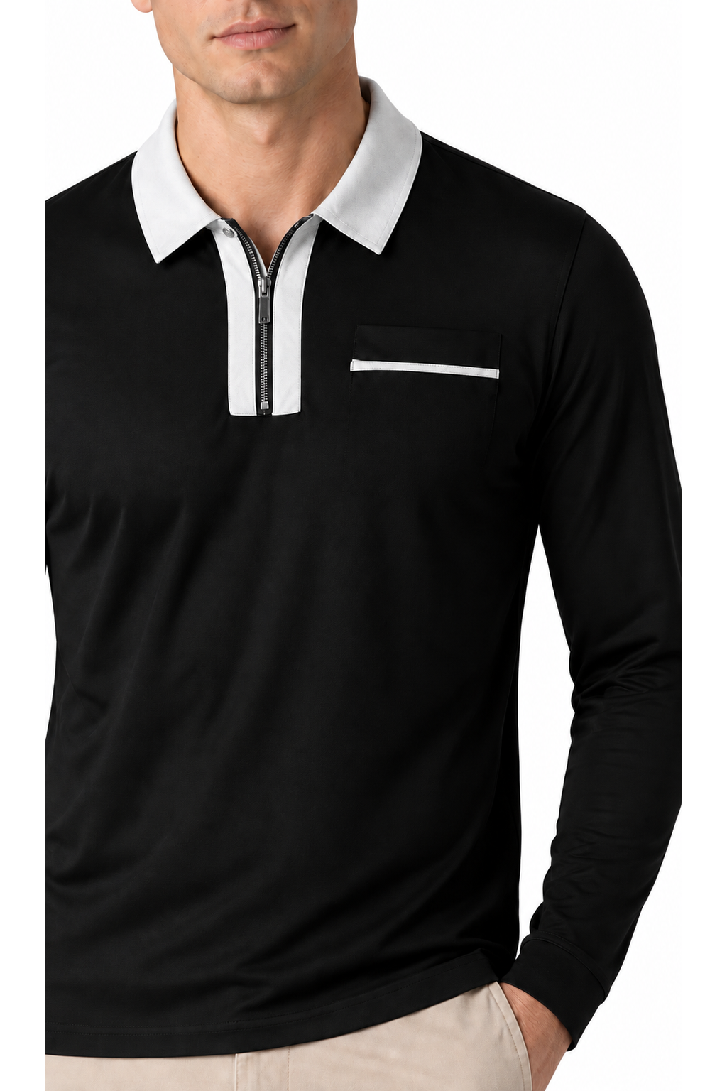 Ventorino full-zip contrast polo in black with gray — zipper, fabric and pocket detail