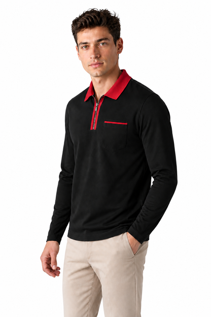 Ventorino full-zip contrast polo in black with red — model view