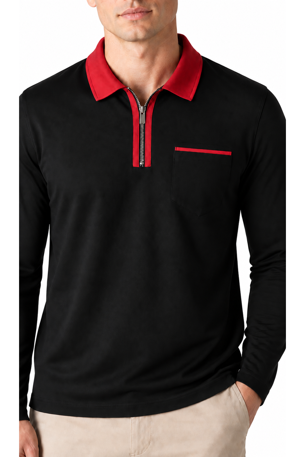 Ventorino full-zip contrast polo in black with red — zipper, fabric and pocket detail
