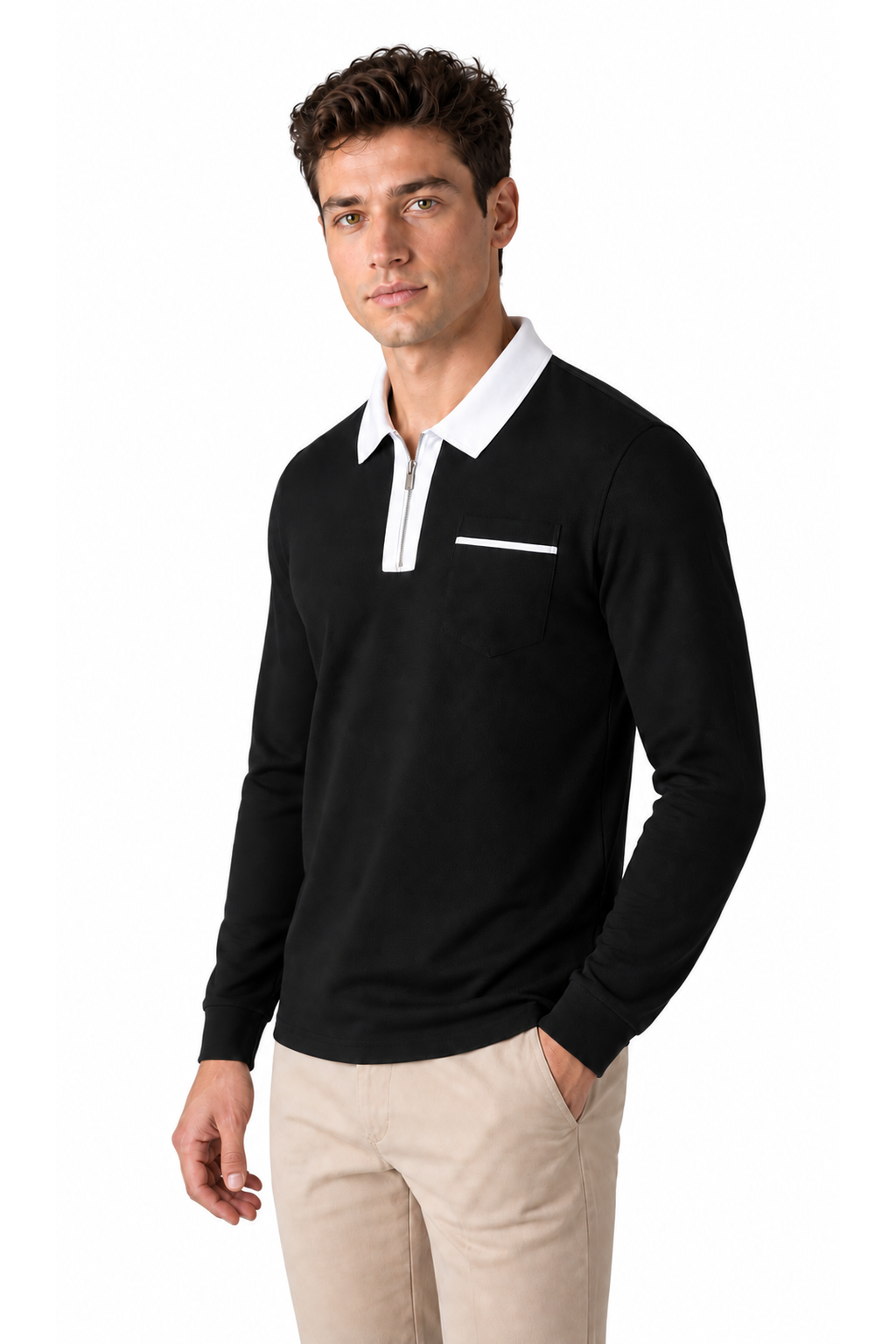 Ventorino full-zip contrast polo in black with white — model view